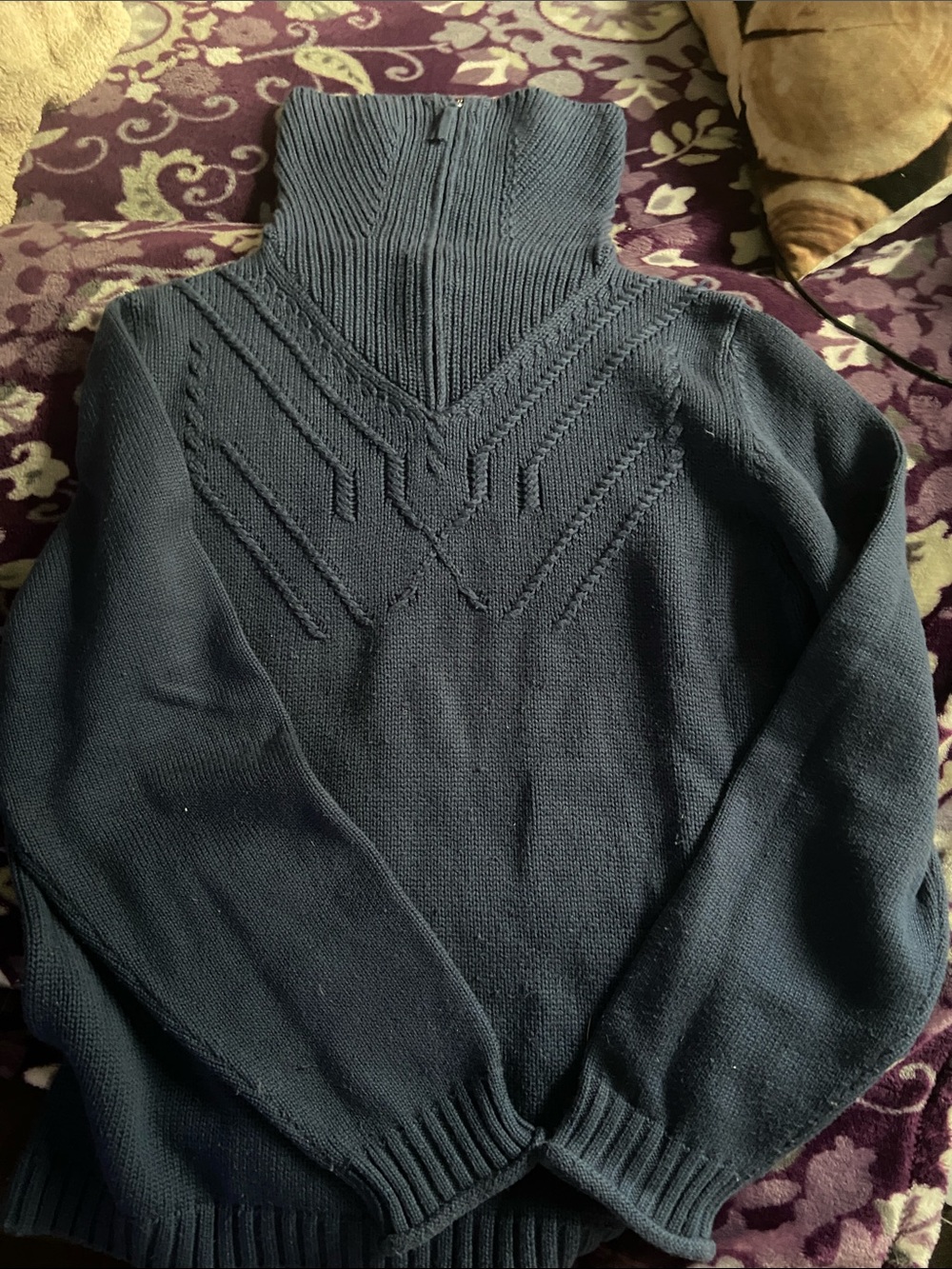 Women's Navy Turtleneck Knit Sweater with Textured Yoke